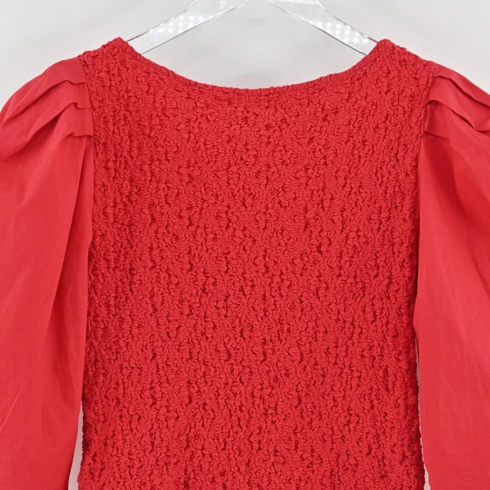 By Anthropologie Smocked Cardigan Size XS Red Button Up Puff Sleeve‎ Top Boho